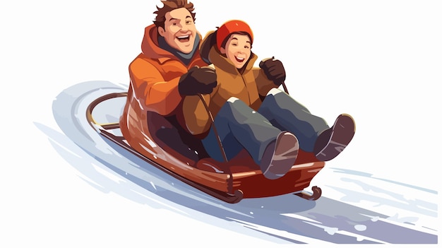 Vector cartoon illustration of father and son sledding together