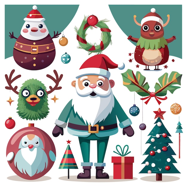 A cartoon illustration featuring Santa Claus Christmas trees ornaments reindeer and other festive elements