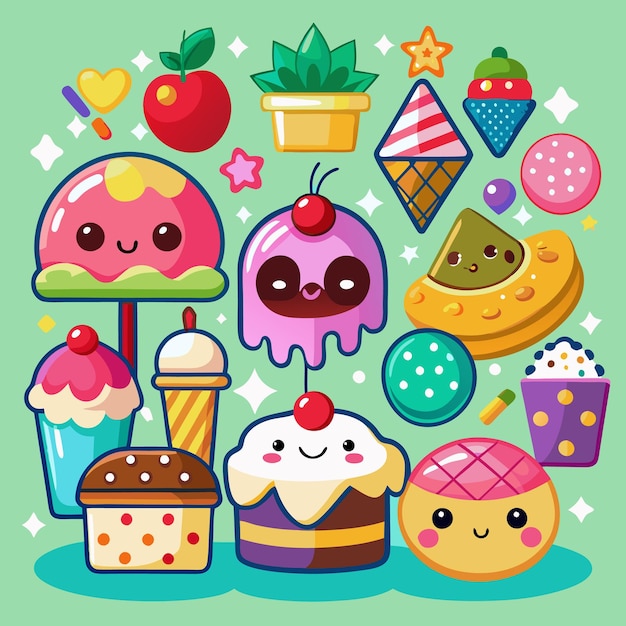 Cartoon illustration featuring a variety of cute sweet treats like ice cream cupcakes pastries and fruit with smiling faces