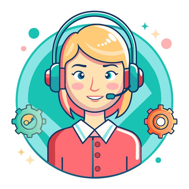 Vector cartoon illustration of a female customer support representative wearing a headset and a red shirt