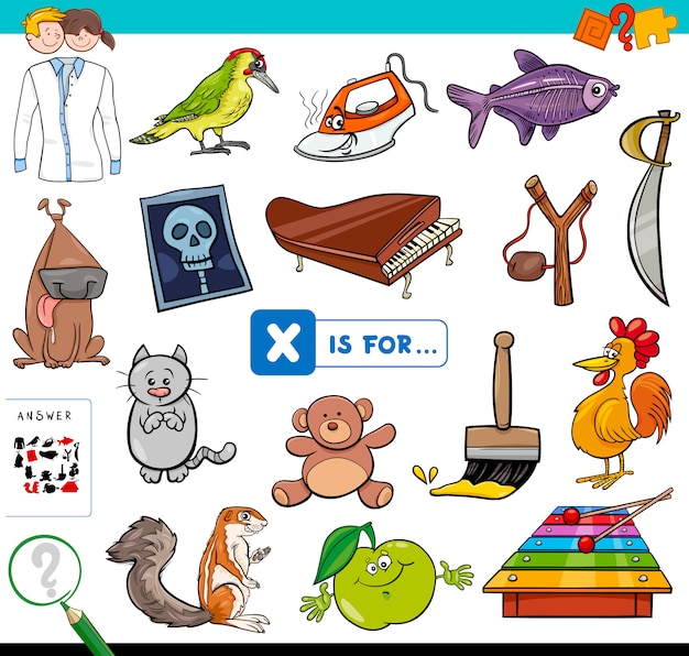 Cartoon Illustration of Finding Picture Starting with Letter X Educational Game Workbook for Children