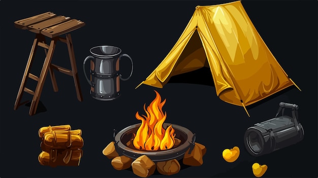 a cartoon illustration of a fire pit with a pot and a fire pit