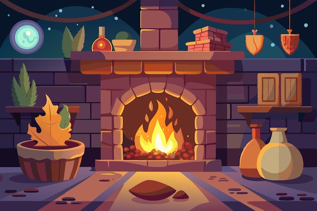 Vector a cartoon illustration of a fireplace with a fireplace and a fireplace