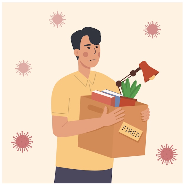 Cartoon illustration of firing employee during pandemia. Loss job from Coronavirus crisis COVID-19 outbreak lockdown. Dismissed man carrying box with things. Unemployment concept, job reduction