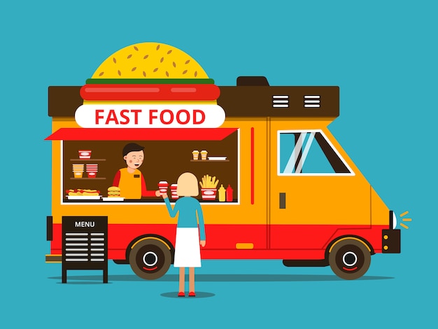 Cartoon illustration of food truck on the street