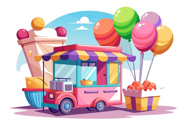 A cartoon illustration of a food truck with balloons a cupcake and a popcorn box