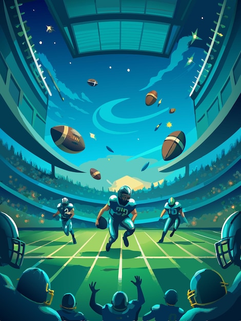 Vector a cartoon illustration of football players on a field with a banner that says footballs