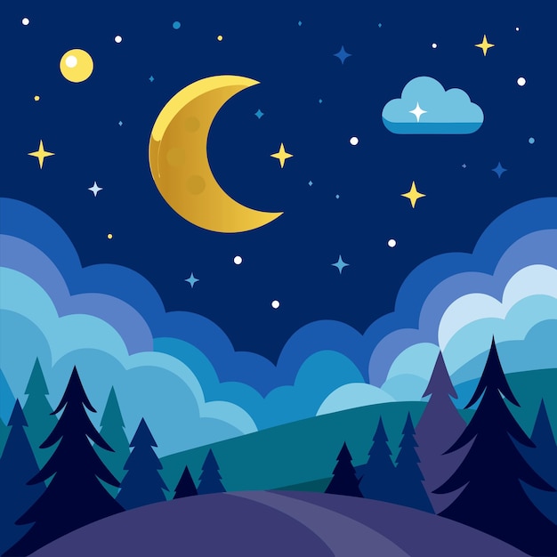 Vector a cartoon illustration of a forest with a moon and stars