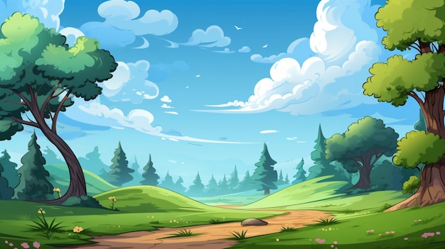 a cartoon illustration of a forest with a road and trees