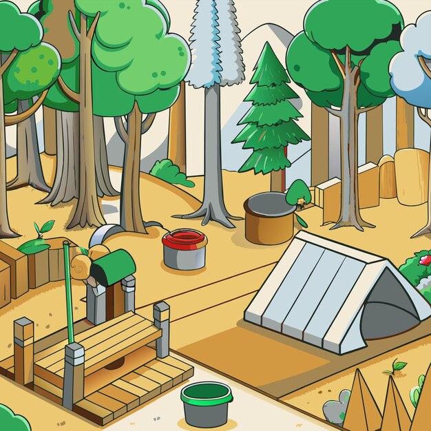 Vector a cartoon illustration of a forest with a tent and trees