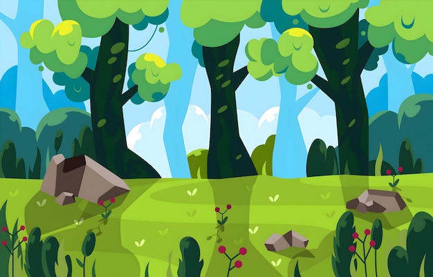 Vector a cartoon illustration of a forest with a tree and a small house in the background