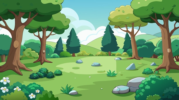 A cartoon illustration of a forest with trees and rocks