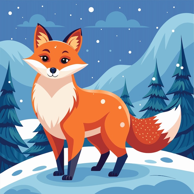 Vector a cartoon illustration of a fox in the snow with trees in the background