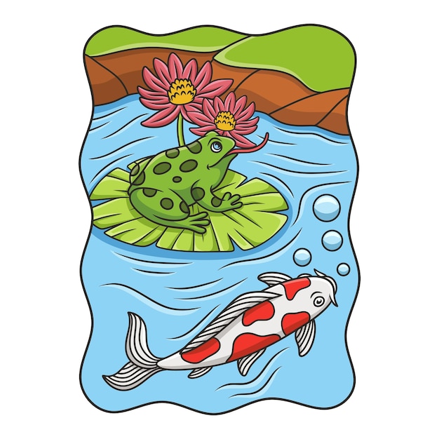 Cartoon illustration a frog sitting on a lotus flower preparing to jump to the river bank with a koi fish swimming in the water