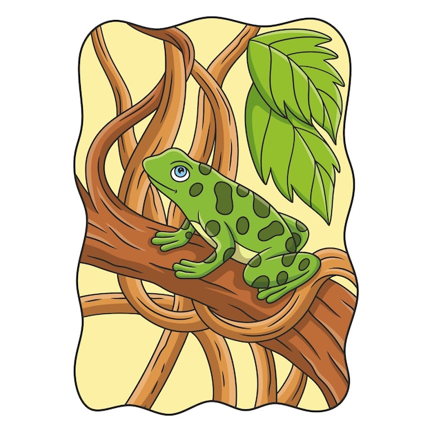 Cartoon illustration a frog that is on a big tall tree with thick tree trunks around it