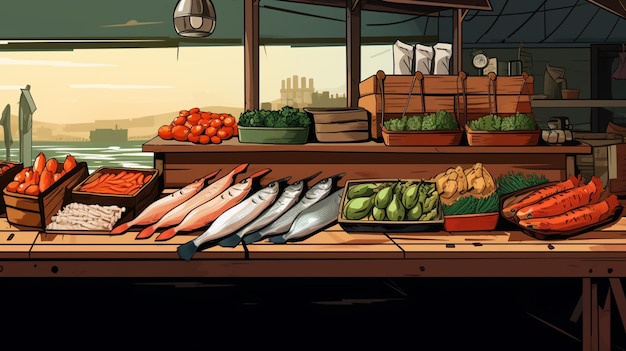 Vector a cartoon illustration of a fruit and vegetable shop with a sign that says  fresh