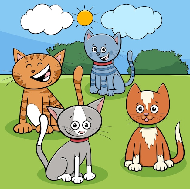 Cartoon illustration of funny cats and kittens animal characters group