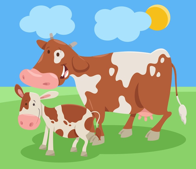 Cartoon illustration of funny cow farm animal character with calf