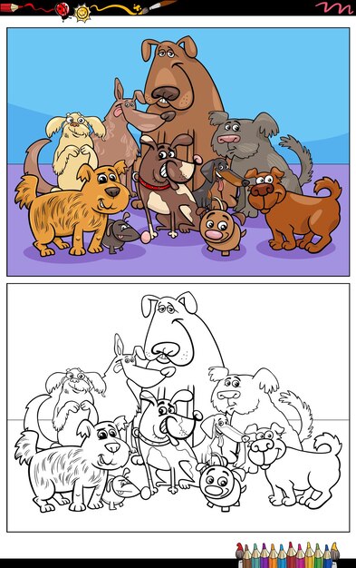 Vector cartoon illustration of funny dogs comic characters group coloring book page