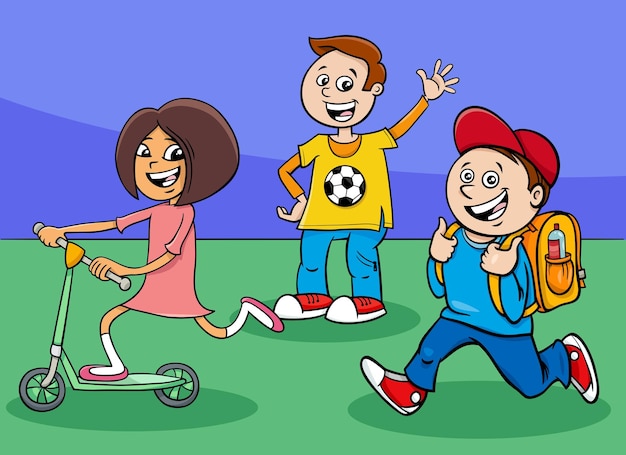 Cartoon illustration of funny elementary age girl and boys characters