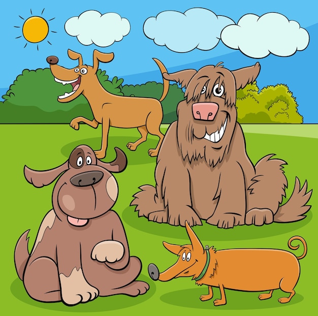 Cartoon illustration of funny playful dogs animal characters in the park