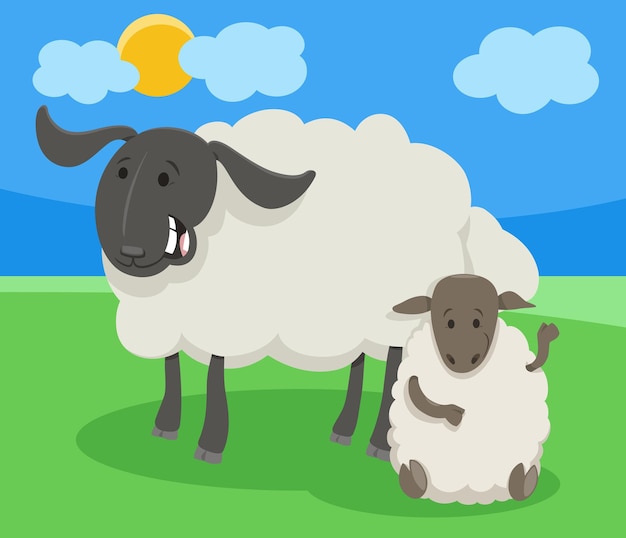 Cartoon illustration of funny sheep farm animal character with little lamb