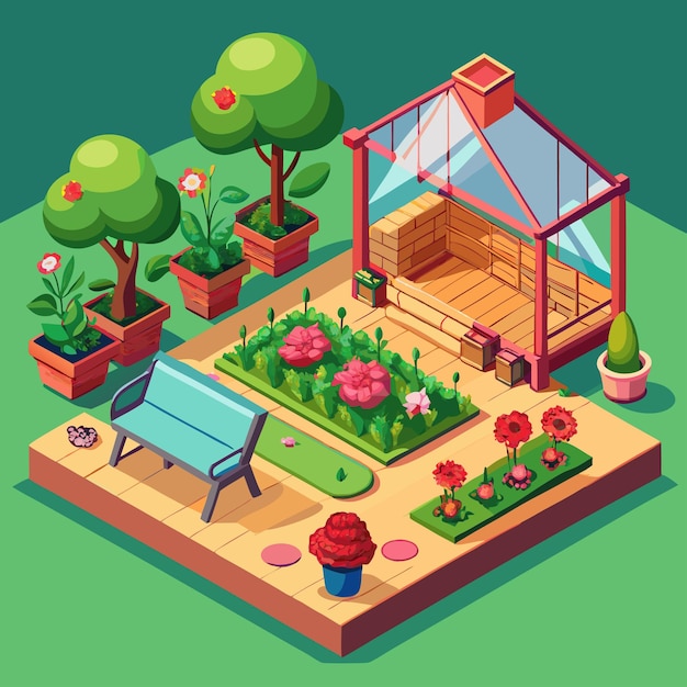 a cartoon illustration of a garden with a bench and a chair