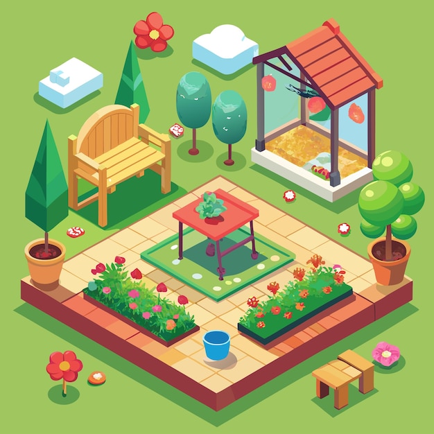 Vector a cartoon illustration of a garden with a bench and a table with a bench