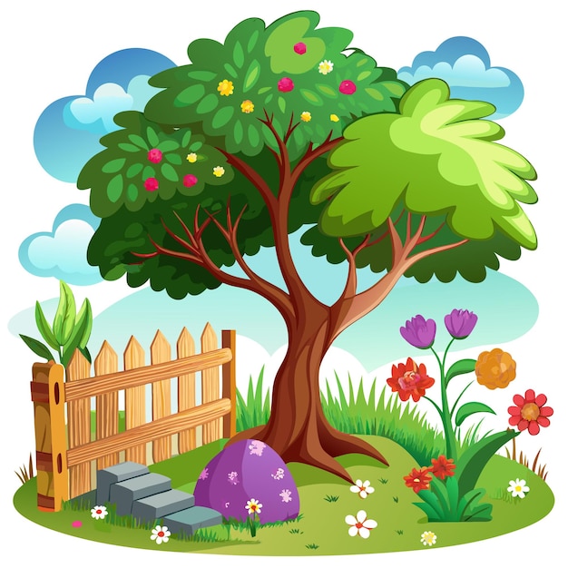 a cartoon illustration of a garden with a fence and a tree