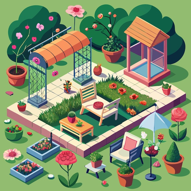 a cartoon illustration of a garden with a greenhouse and a garden