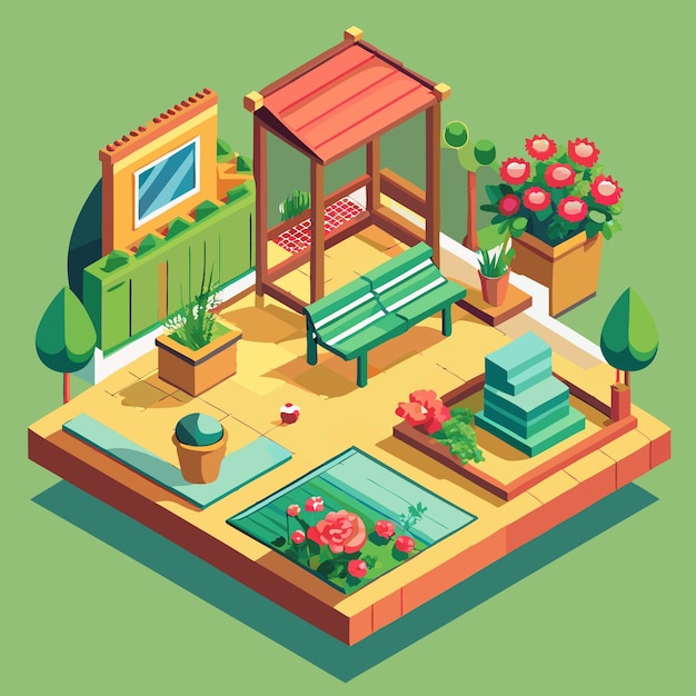 Vector a cartoon illustration of a garden with a pool and a bench