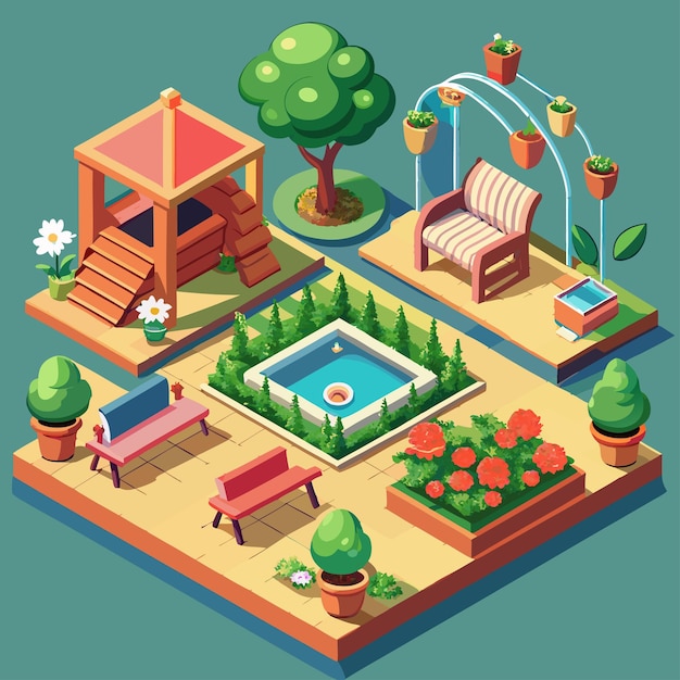 a cartoon illustration of a garden with a pool and a garden with a pool and a pool