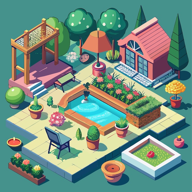 Vector a cartoon illustration of a garden with a pool and a garden