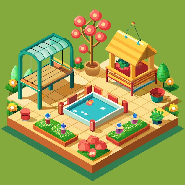 a cartoon illustration of a garden with a pool and a pool with a pool in the background