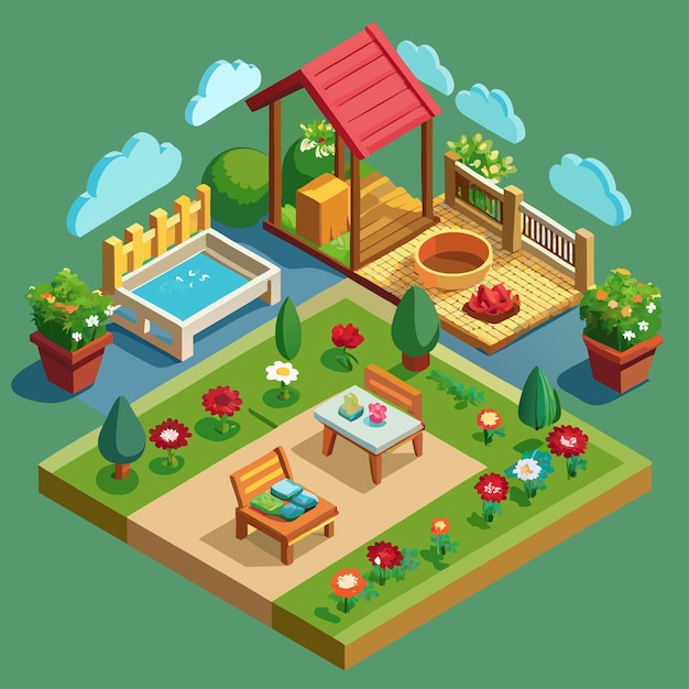 Vector a cartoon illustration of a garden with a pool and a table with a chair