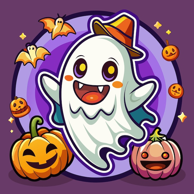 a cartoon illustration of a ghost with pumpkins and pumpkins