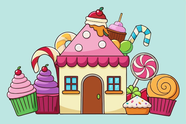 Vector a cartoon illustration of a gingerbread house with a candy bar and a candy house