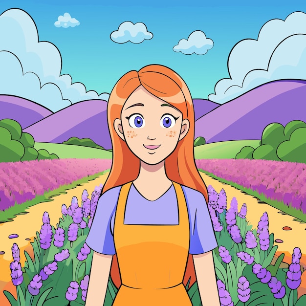 Vector a cartoon illustration of a girl in a field of purple flowers