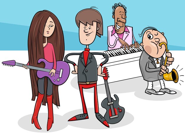 Cartoon illustration of girl and guy with guitars and musical band