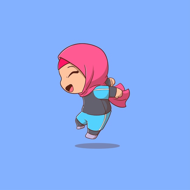 Cartoon illustration girl jumping feel happy using hijab