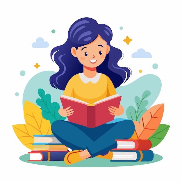 a cartoon illustration of a girl reading a book