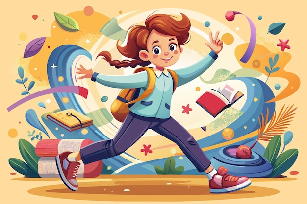 a cartoon illustration of a girl with a backpack and books