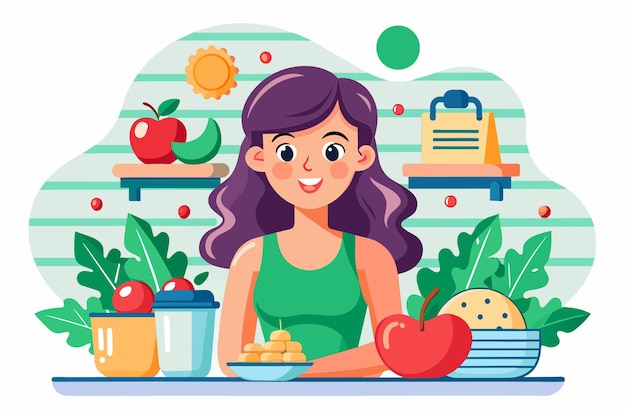 Vector a cartoon illustration of a girl with a bowl of food and fruits