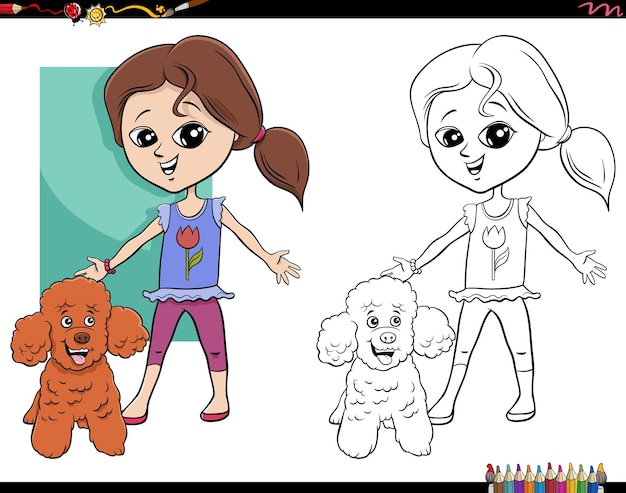 Cartoon illustration of girl with her poodle dog coloring book page