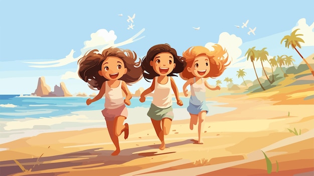 a cartoon illustration of girls running on the beach