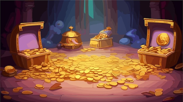 a cartoon illustration of a gold treasure with a lot of coins game background