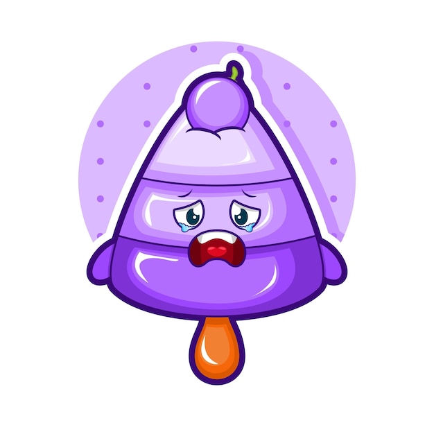 Cartoon illustration of grape ice cream with sad face