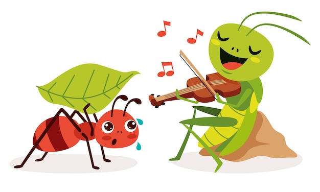 Cartoon Illustration Of  Grasshopper And Ant