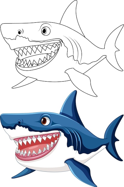 A cartoon illustration of a great white shark with big teeth swimming and outlined in vector art