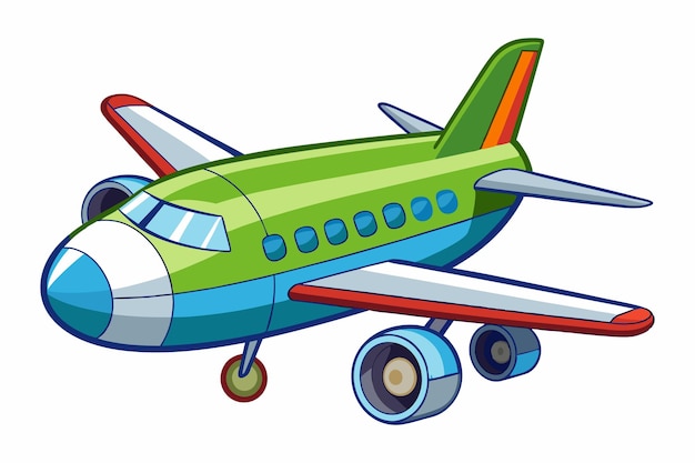 Vector cartoon illustration of a green blue and red airplane